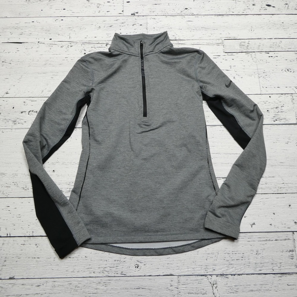 Nike Shirt Womens Small Gray Black Pro Hyperwarm Quarter Zip Pullover Training